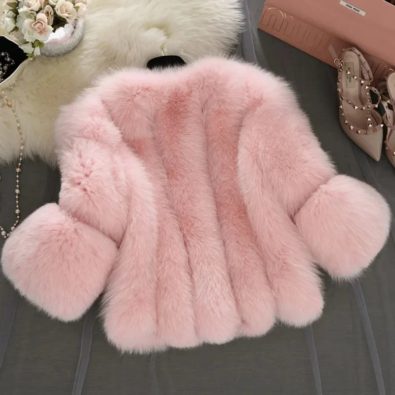 2024 Winter Frauen Dicke Warme Rosa Pelzmantel Mode Faux Fuchs Pelzmantel Weibliche Hülse Mit Drei Vierteln Künstliche Pelz Flauschigen jacke