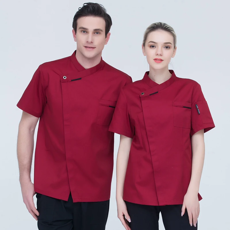 Restaurant Blue Kitchen Uniform Hotel Women Chef Cooking Jacket Cafe Bakery Waiter Breathable Short Sleeve Work Clothes Shirt