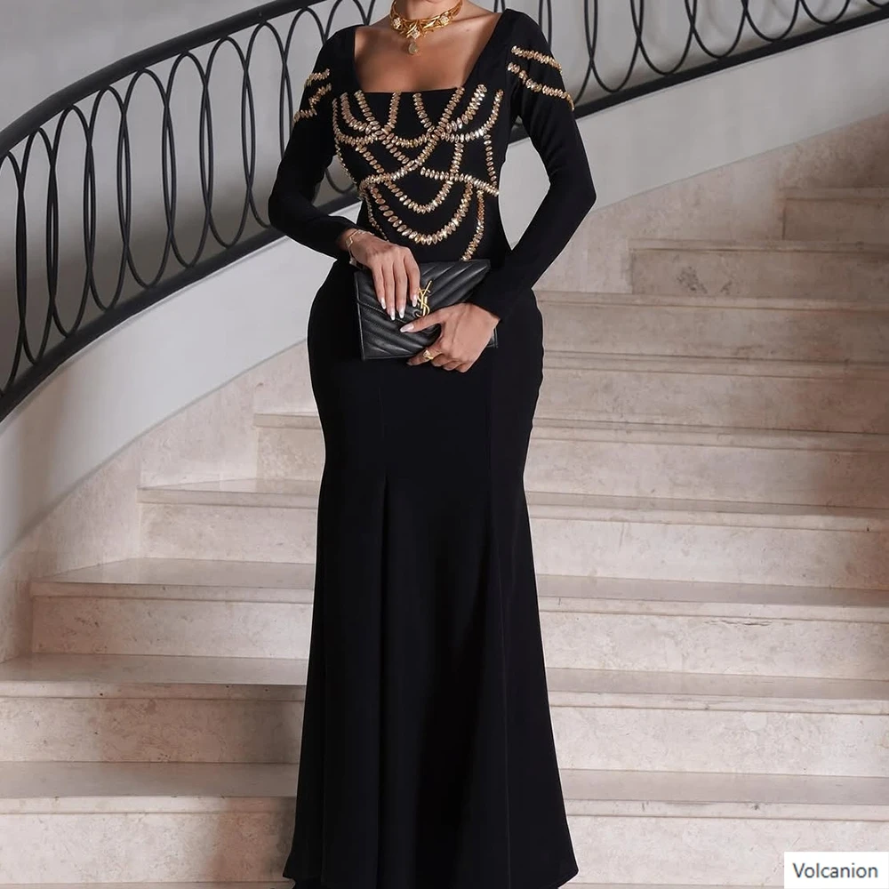 

Customized A-line Evening Dresses Floor-length Square Collar Full Sleeve Prom Gown Fashion Crystal Simple Draped Party Gown