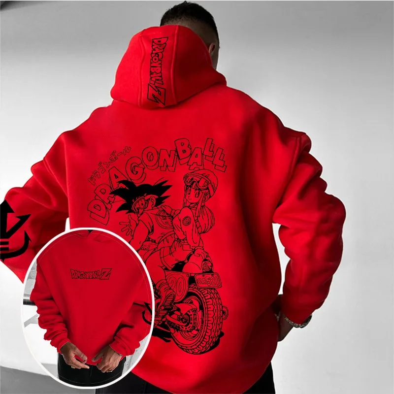 Dragon Ball Z Anime Sudadera con capucha con estampado 3D Goku y Bulma Sudadera con capucha gráfica de personaje de motocicleta con fondo rojo y diseño de texto japonés