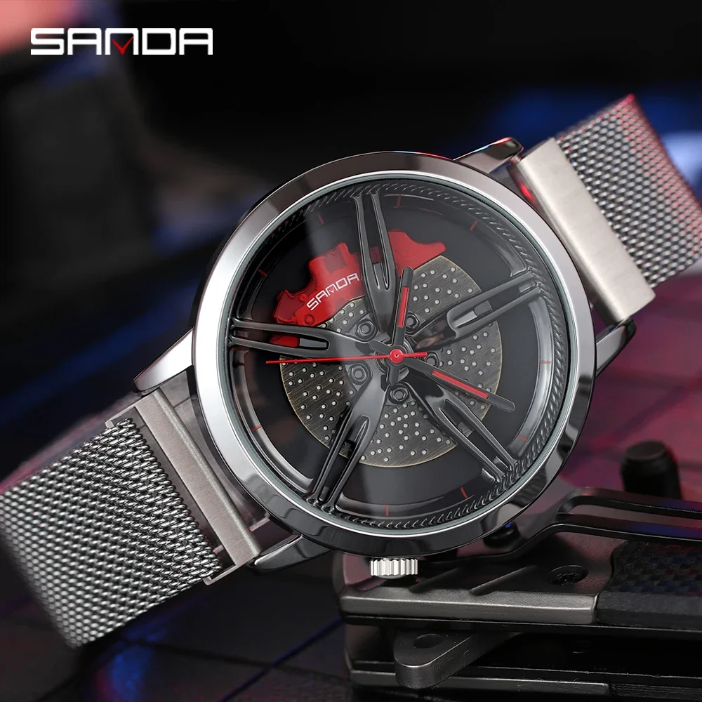 SANDA P1040 New Wheel Rim Hub Watch Stainless Steel Sport Car Quartz Watches Waterproof Creative Luminous Clock Relogio Masculio