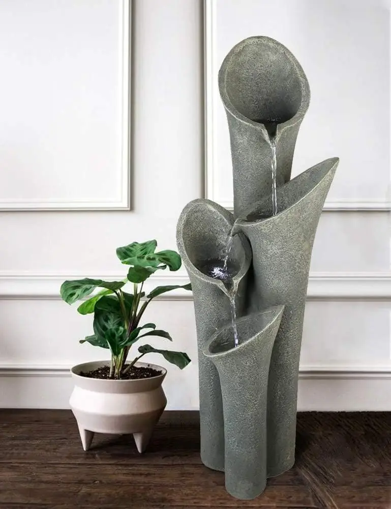 

Фонтан для патио из искусственного камня, 33 1/2 дюйма, 4-уровневый каскадный напольный фонтан-водопад для дома и улицы с LED-подсветкой