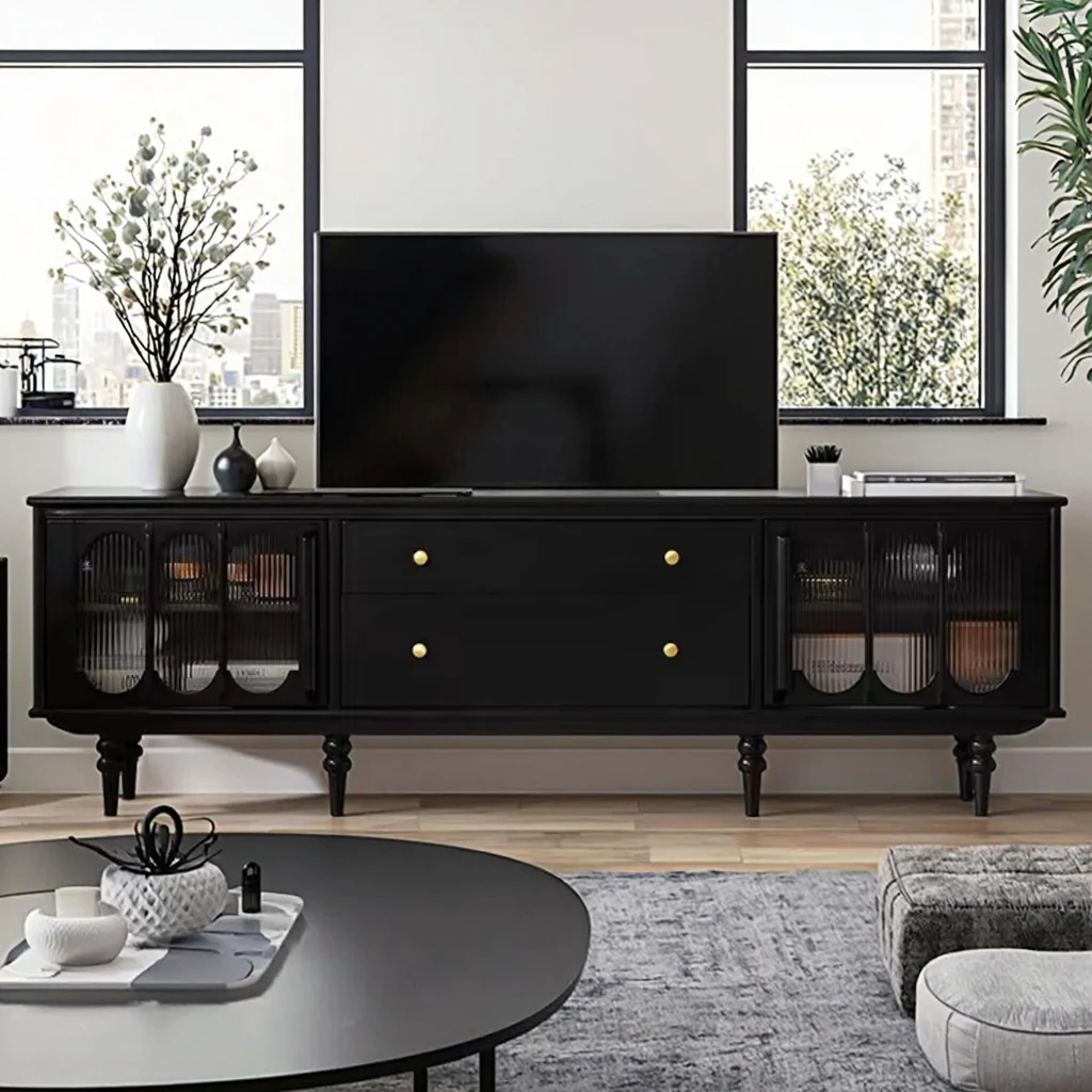 @#Modern  Retro Glass Cabinet Convertible Solid Wood MDF Extendable Panel Black TV Stand LED for Home Living Room Furniture