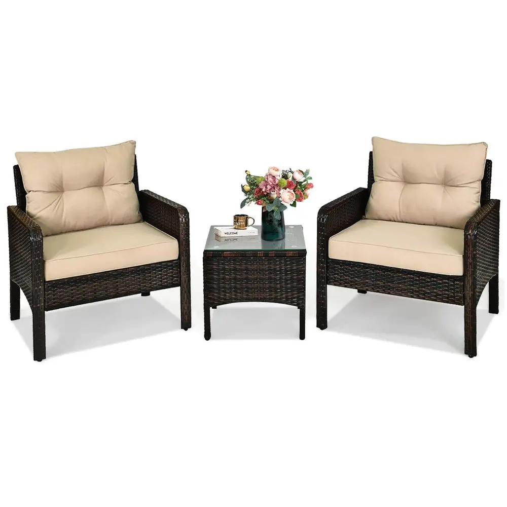 

3 Pieces Patio Furniture Set Outdoor Rattan Wicker Coffee Table amp Chairs Set with Seat Cushions Patio Conversation Set for Ga