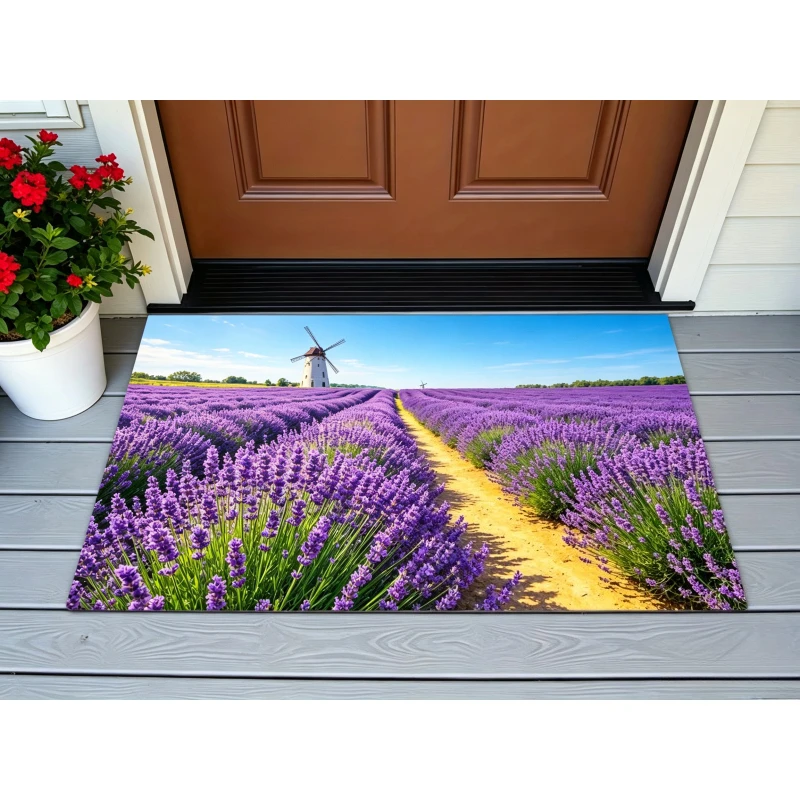 Countryside Lavender Field Rectangular Carpet Purple Flower Windmill Rural Landscape Design Area Rug for Porch Home Decor
