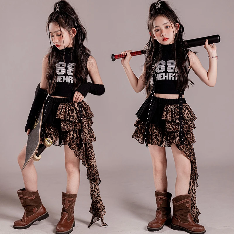 Girls Jazz Dance Outfit Children Hip Hop Perforamnce Clothing Kpop Fashion Clothes Kids Dance Wear Black Tank Top Leopard Skirt