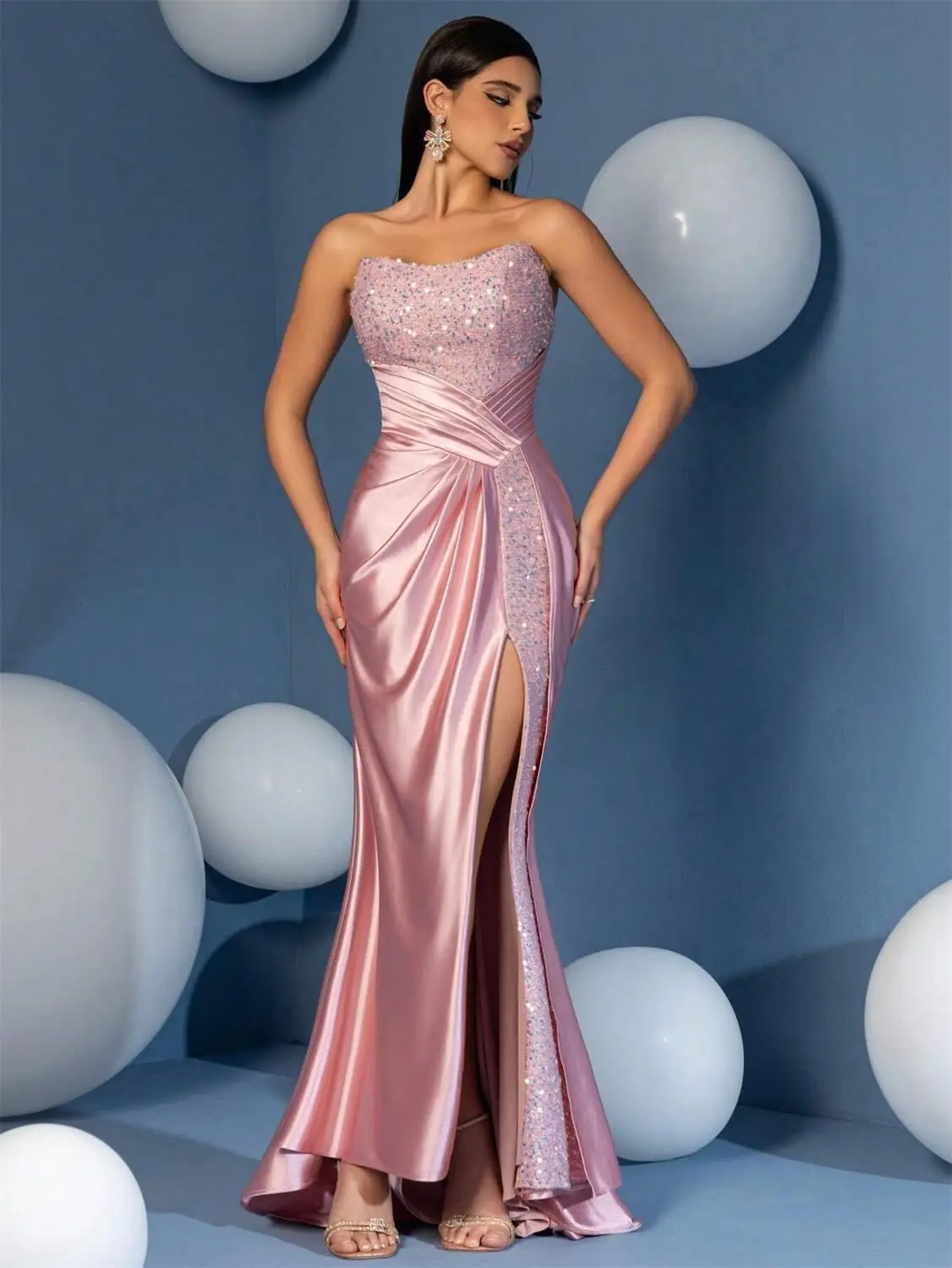 

Sparkly Sequins Mermaid Prom Dresses for Women Strapless Satin Formal Evening Dress Long with Slit