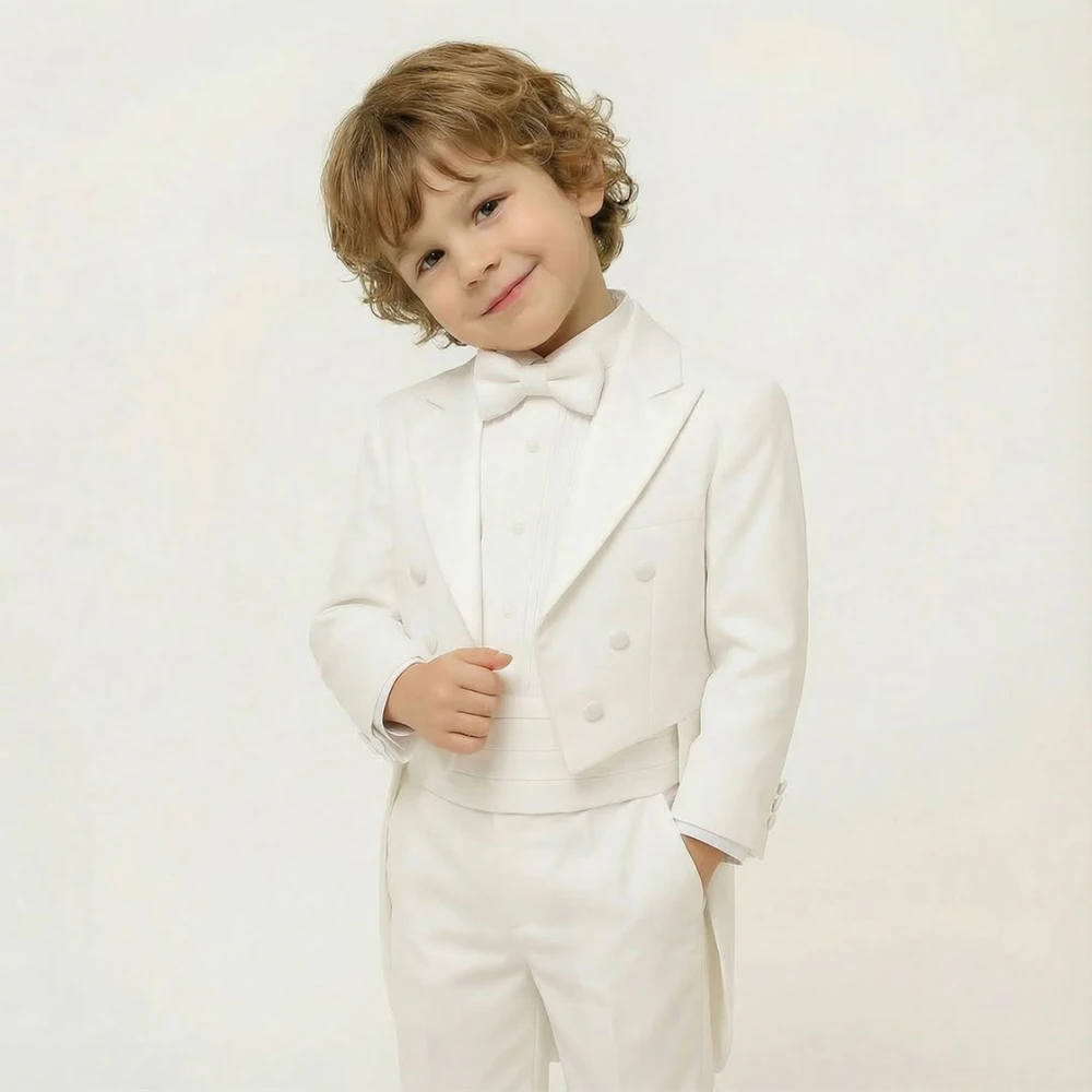 

Элитный бежевый костюм для мальчика на свадьбу 2026 года, индивидуальный пошив, двубортный, с острыми лацканами, приталенный, из 2 предметов: пиджак и брюки, смокинг, детский блейзер