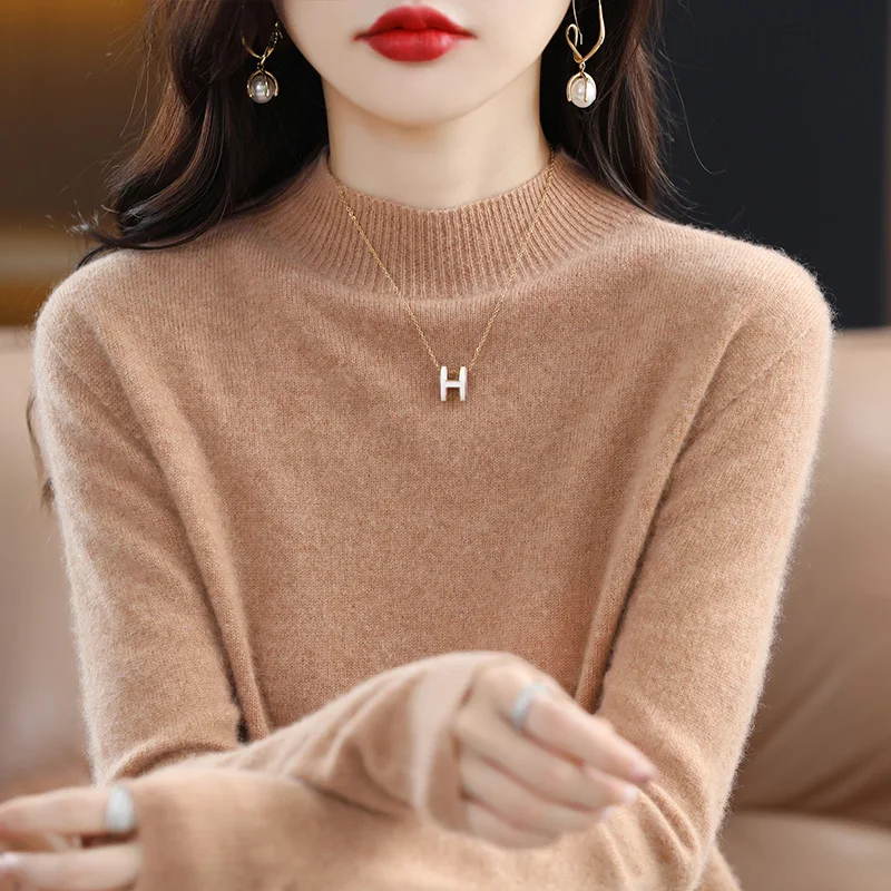 Autumn Woman\'s Sweaters Female Pullover Long Sleeve Half Turtleneck Basic Style Jumper 100% Wool Knitted Tops Cashmere Sweaters