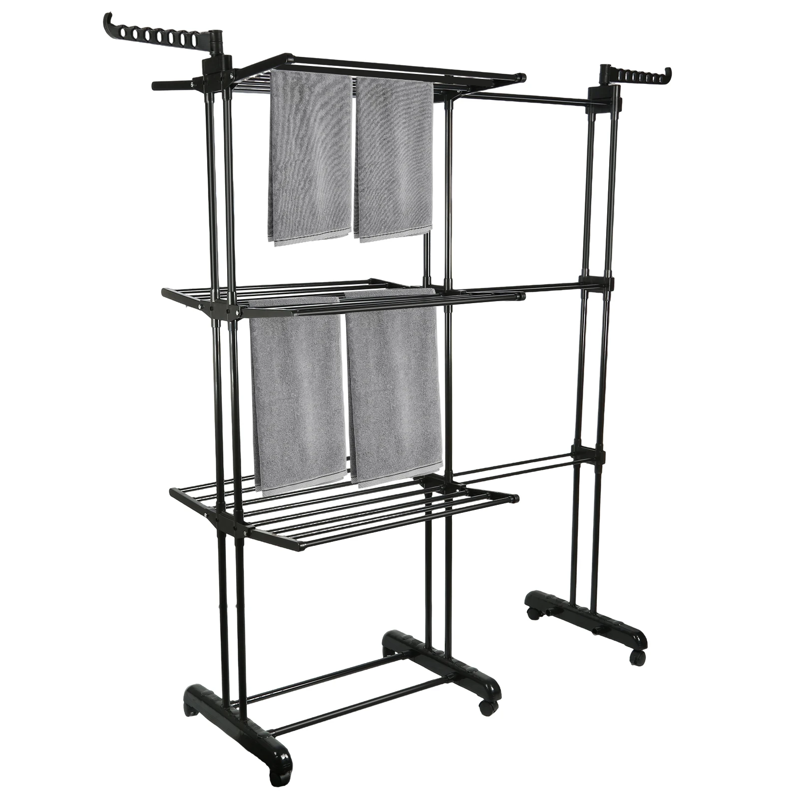 Séchoir à linge en acier, extensible, avec crochets des deux côtés, à trois niveaux, pliable, disponible en 6 couleurs, séchoir à linge pliable pour intérieur/extérieur, 75-142,5*64*170 cm