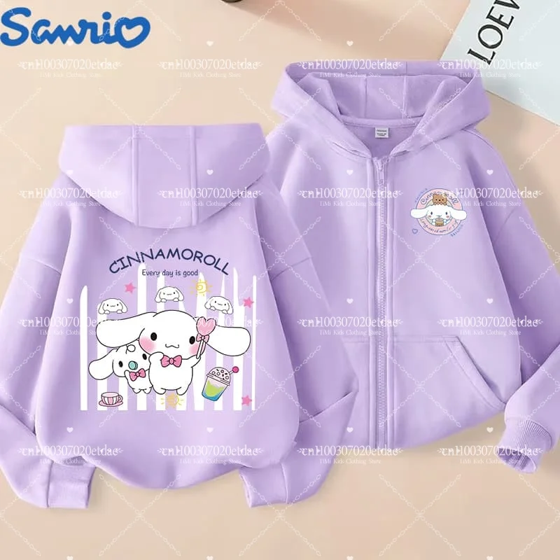 Sudadera con capucha de Cinnamoroll, ropa Kawaii para niños, moda urbana para niños, Sudadera con capucha con cremallera de dibujos animados divertidos, traje informal para niñas