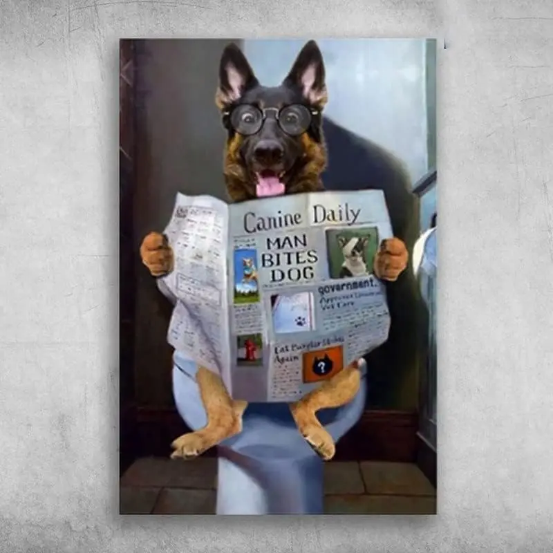 Metal Plate Tin Sign German Shepherd in Toilet Reading News Canine Daily Man Bites Dog Iron Poster Art Holiday Decoration Outdoo