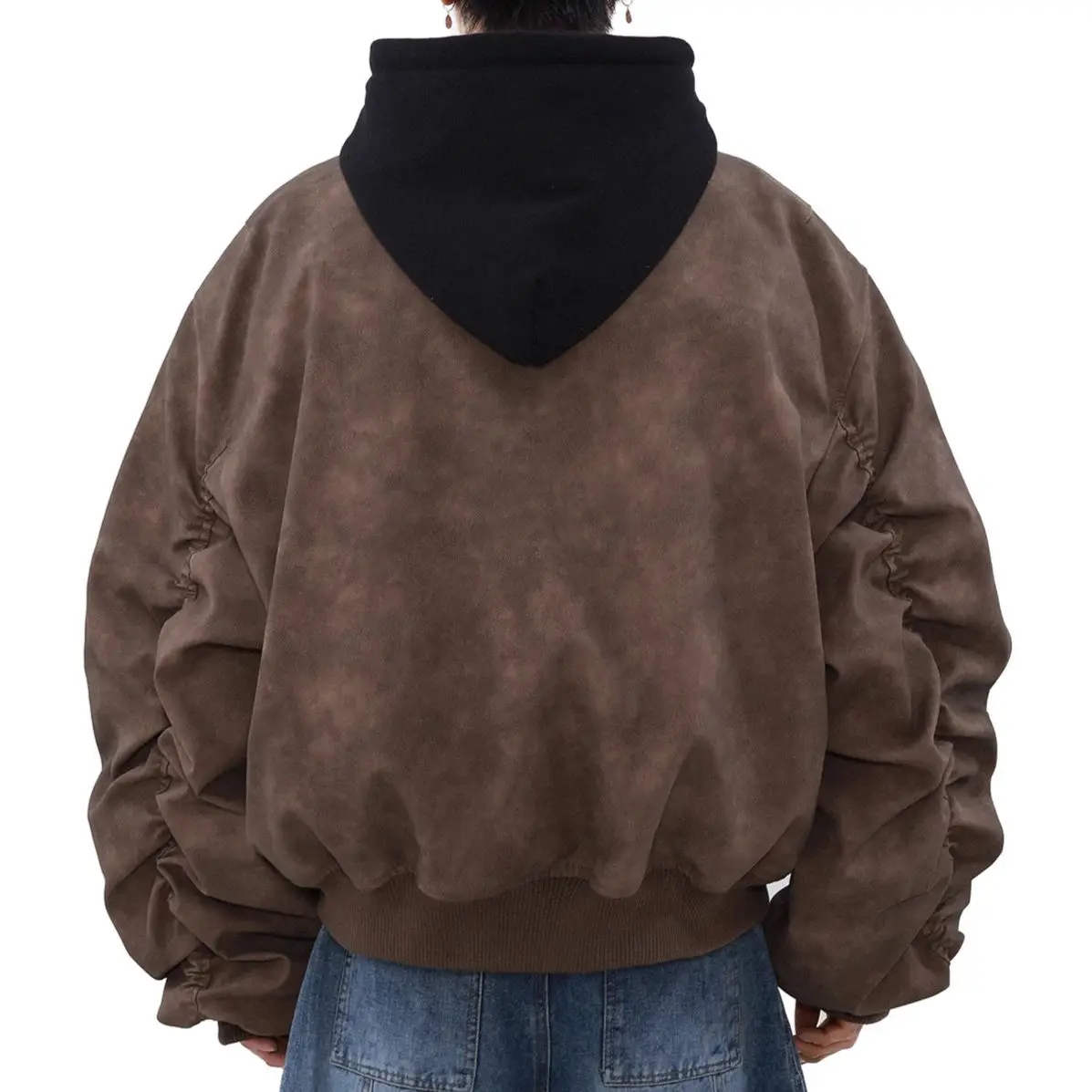 Hooded Fake Two-Piece Jacket Top For Men Women PU Leather Retro Casual Heavy Industry Puffs Handsome Loose Jacket