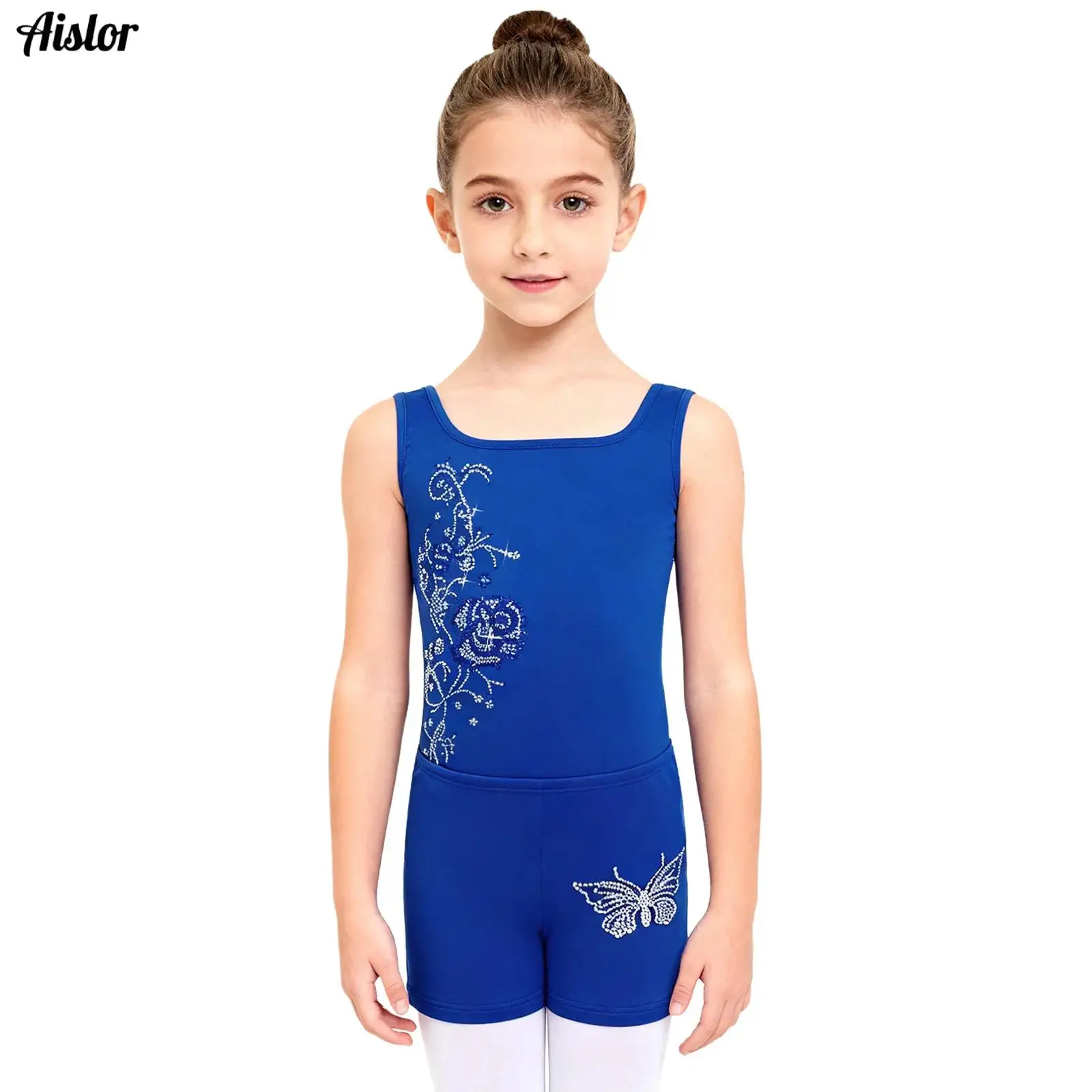 

2Pcs Kids Girls Gymnastics Figure Skating Dance Outfit Thin Fleece Lined Shiny Rhinestones Flower Sleeveless Leotard with Shorts