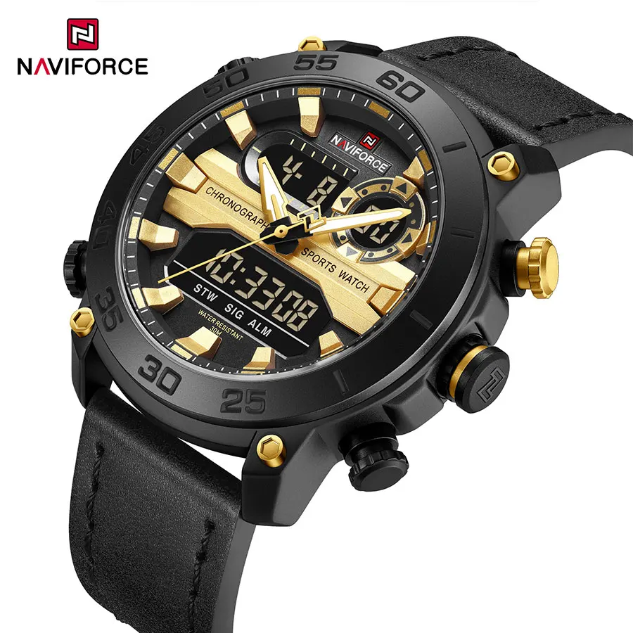 NAVIFORCE Brand Men Dual Display Watch Luminous LCD Digital Watch Luxury Leather Mens Multifunctional Watches Relogio Masculin