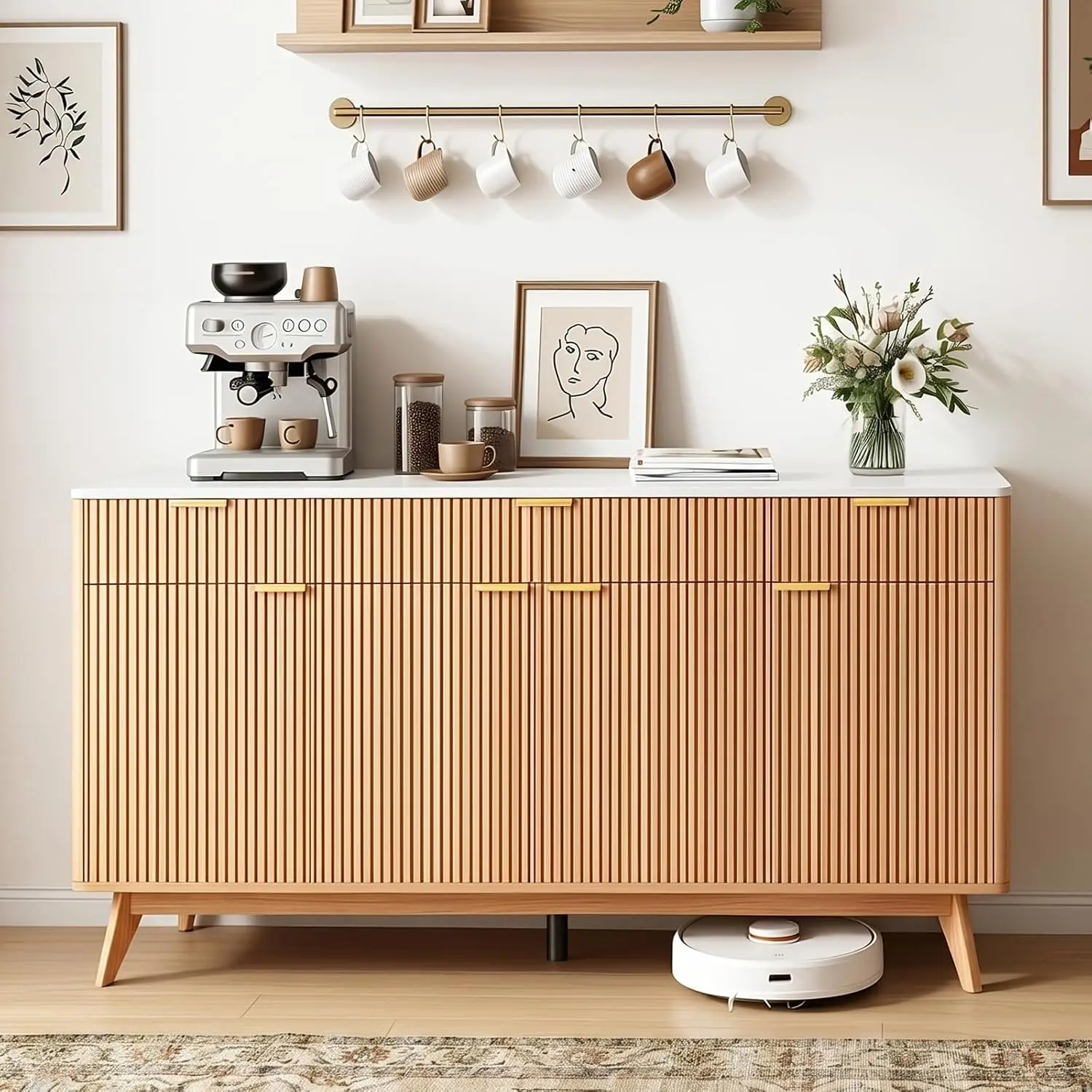 Fluted Sideboard Buffet Cabinet with Storage, 67