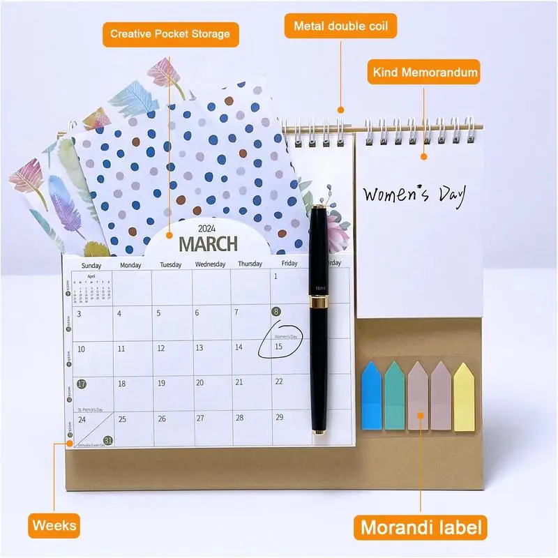 2024 Simple Multifunctional Desktop Calendar English Coil Daily Monthly Planner Schedule Yearly Agenda Organizer Home Office