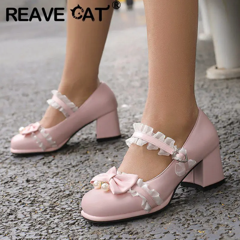 REAVE CAT Lolita Girls Pumps Round Toe Chunky Heels Buckle Strap Bowknot Sweet Daily Women Shoes Shallow Size 42 43