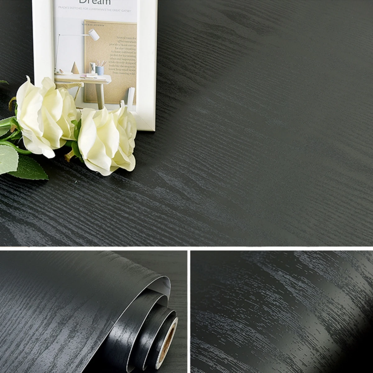 Black Wood Grain Waterproof Contact Paper Peel And Stick Vinyl Wallpaper Removable Decor Film for Desktop Furniture Renovation