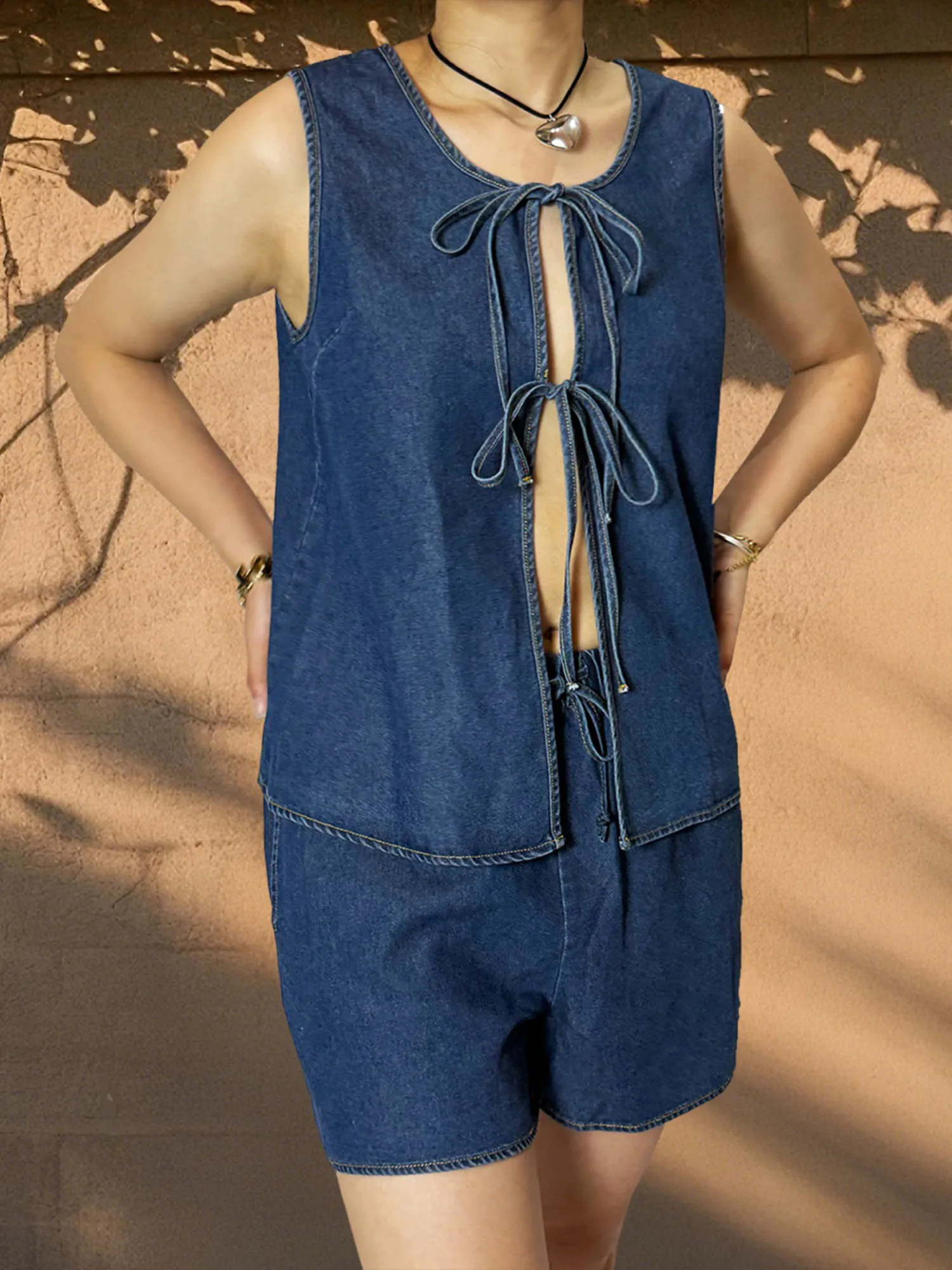 

Women s Stylish 2 Piece Denim Ensemble Featuring Sleeveless Vest Top with Tie-up Front and Matching Shorts for a Trendy