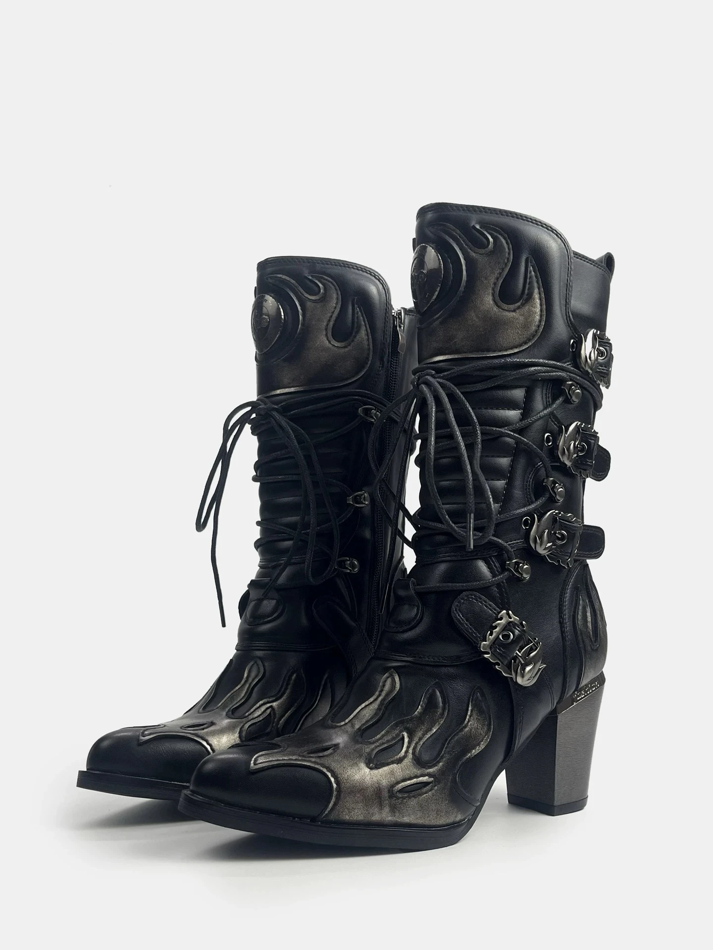 

New Women's Handmade Color-Rubbing Flame-Pointed Toe Chunky Heel Western Boots Lace Up Metal Buckle Heavy Industry Mid-calf Boot