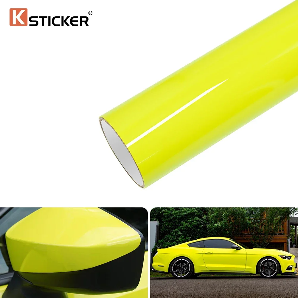 

Ksticker Lemon Yellow High Gloss Color Sticker Vinyl Wrap Vehicle Bike Whole Body Film Decal PET Self Adhesive Air Release Cover