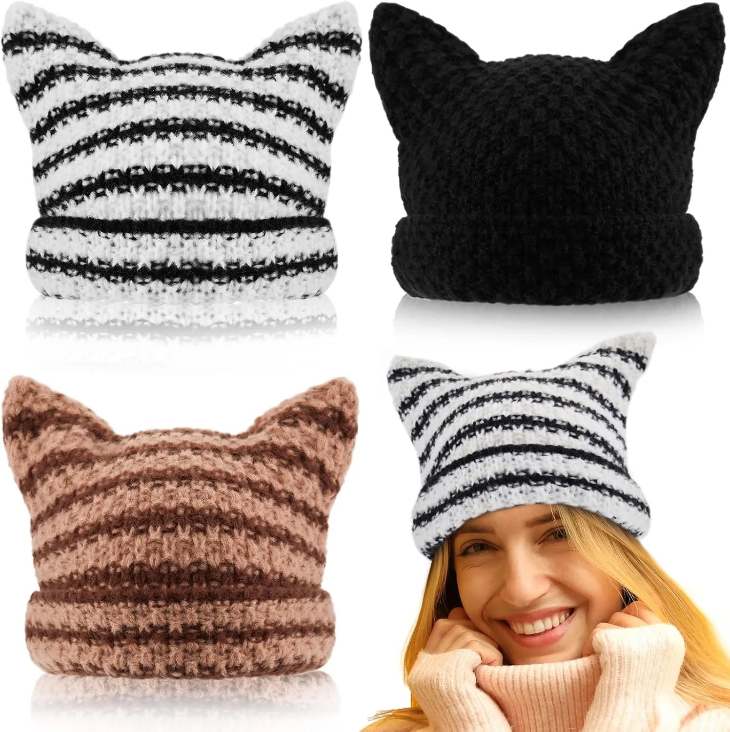 Women Cute Y2k Cat Ear Beanie Cotton Knitted Skiing Cycling Hats , Warm Winter Black Coffee Strips Snow Classic Colors Hats