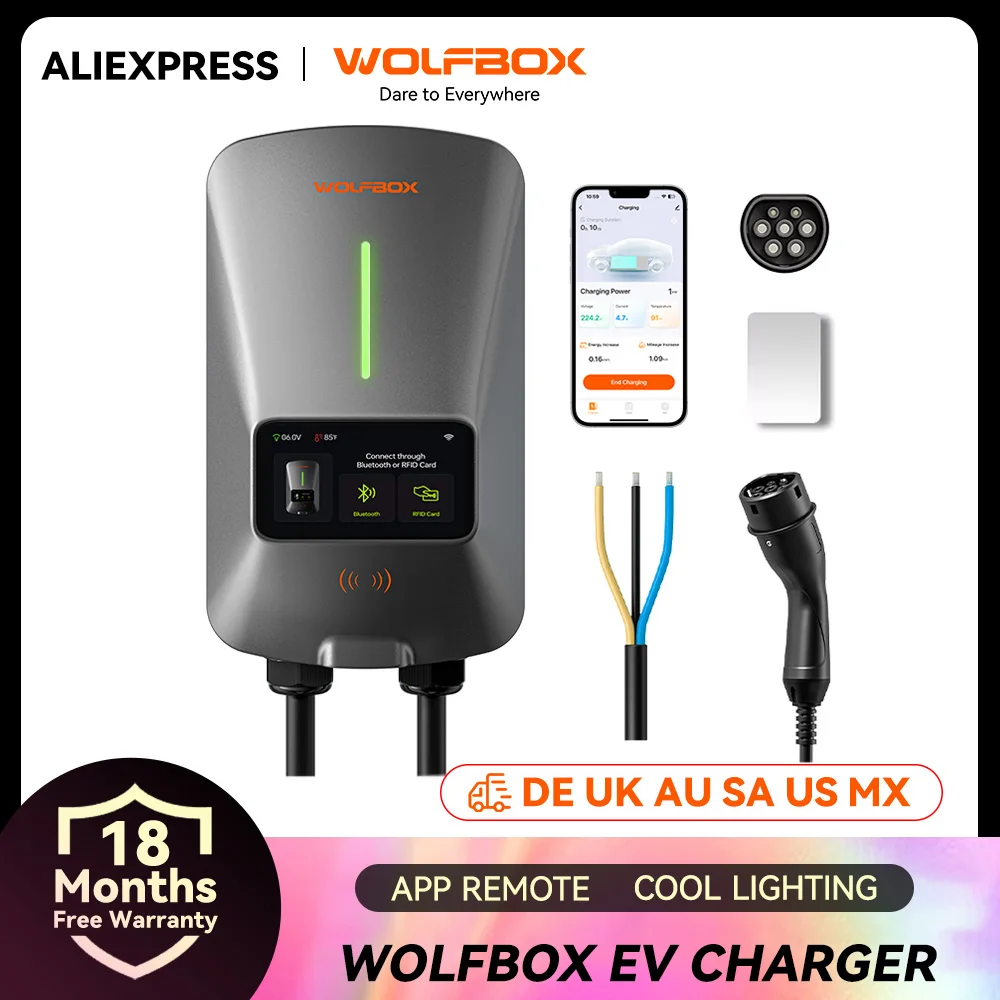 WOLFBOX EV Charging Station Type 2 7KW 22KW 32A 1/3 Phase Electric Vehicle Car Charger Wallbox with LCD Screen APP Control