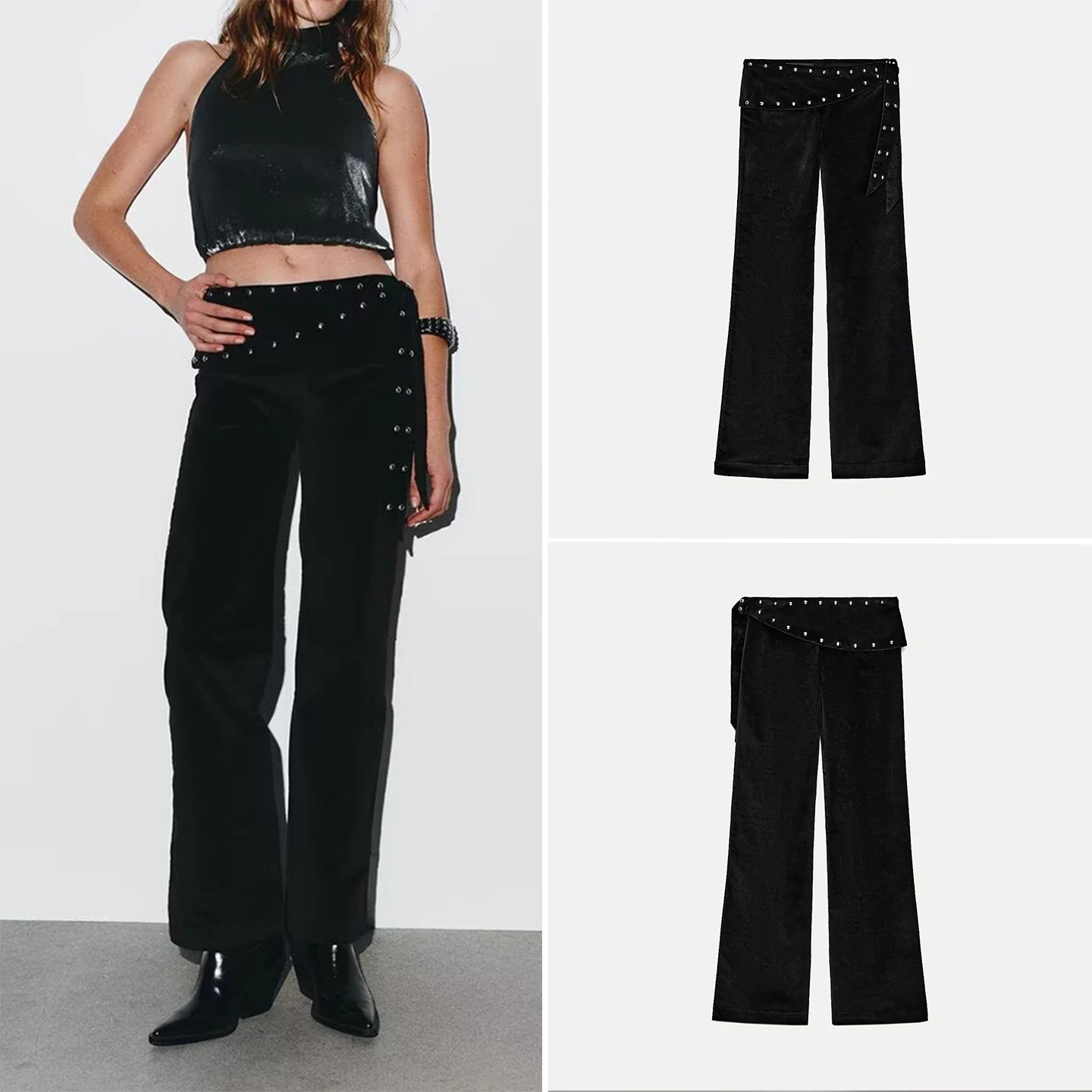 Z المرأة عالية الخصر جرس بوت السراويل Faionable Personali التفاف وشاح برشام تفصيل مجموعة الخريف #1