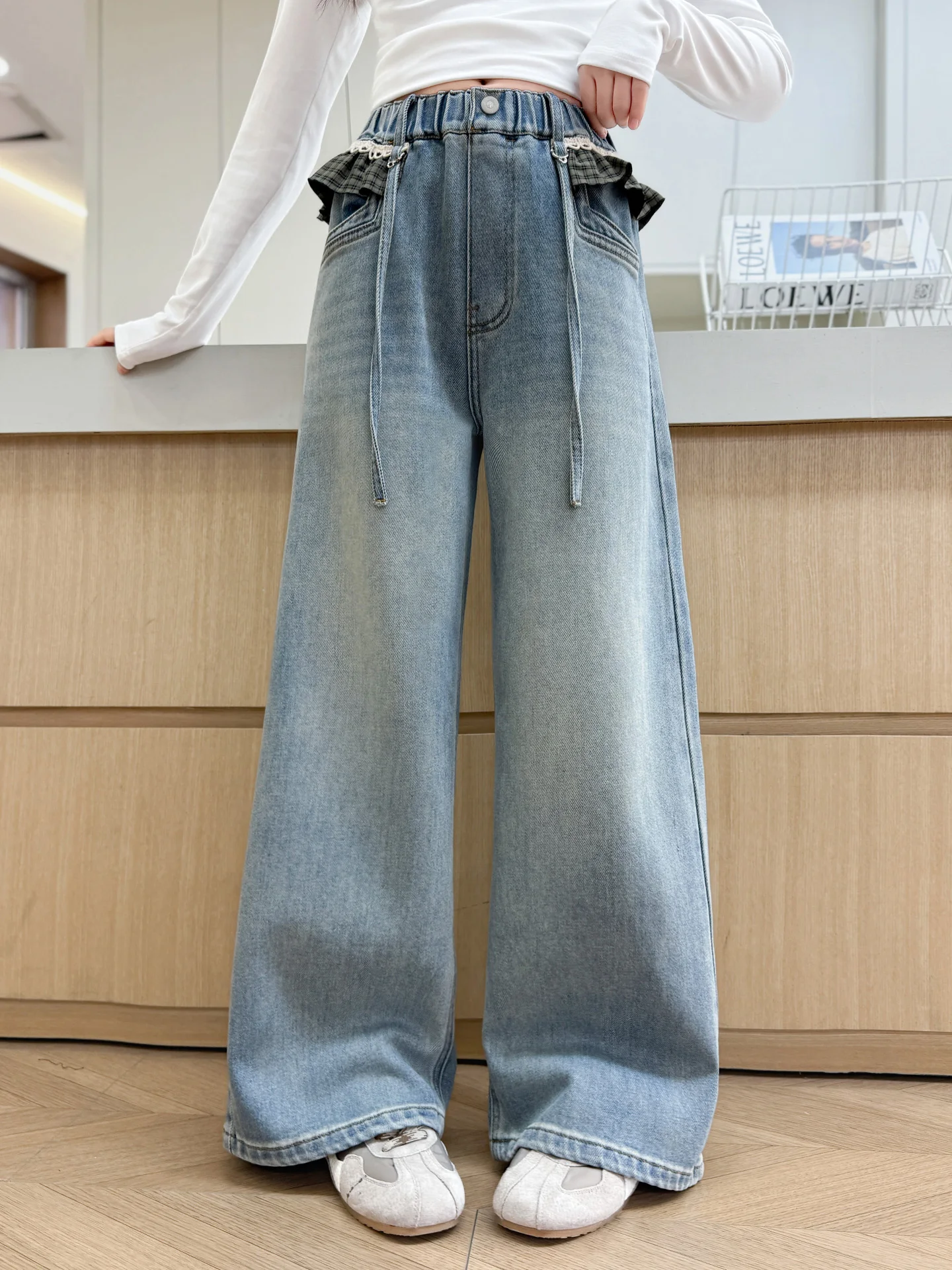 

Spring Autumn Girls Wide Leg Jeans High Waist Floral Waisand Comfortable Soft Denim Spring Summer Faion Kids Clothing