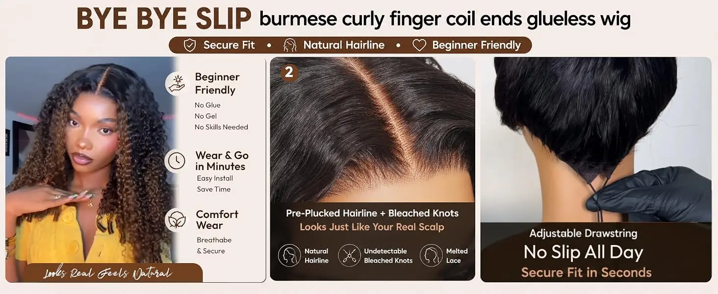 UNice Bye-Bye Slip™ 7x5 Lace Ombre Brown Burmese Curly Wig With Finger Coil Ends Pull & Go Drawstring Glueless Wig Ready To Wear