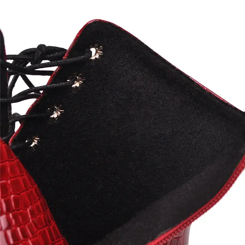 Plus Size Women Ankle Boots Red Black Faux Crocodile Leather High Heels Pointed Toe Retro Winter Plush Ladies Zipper Short Boots