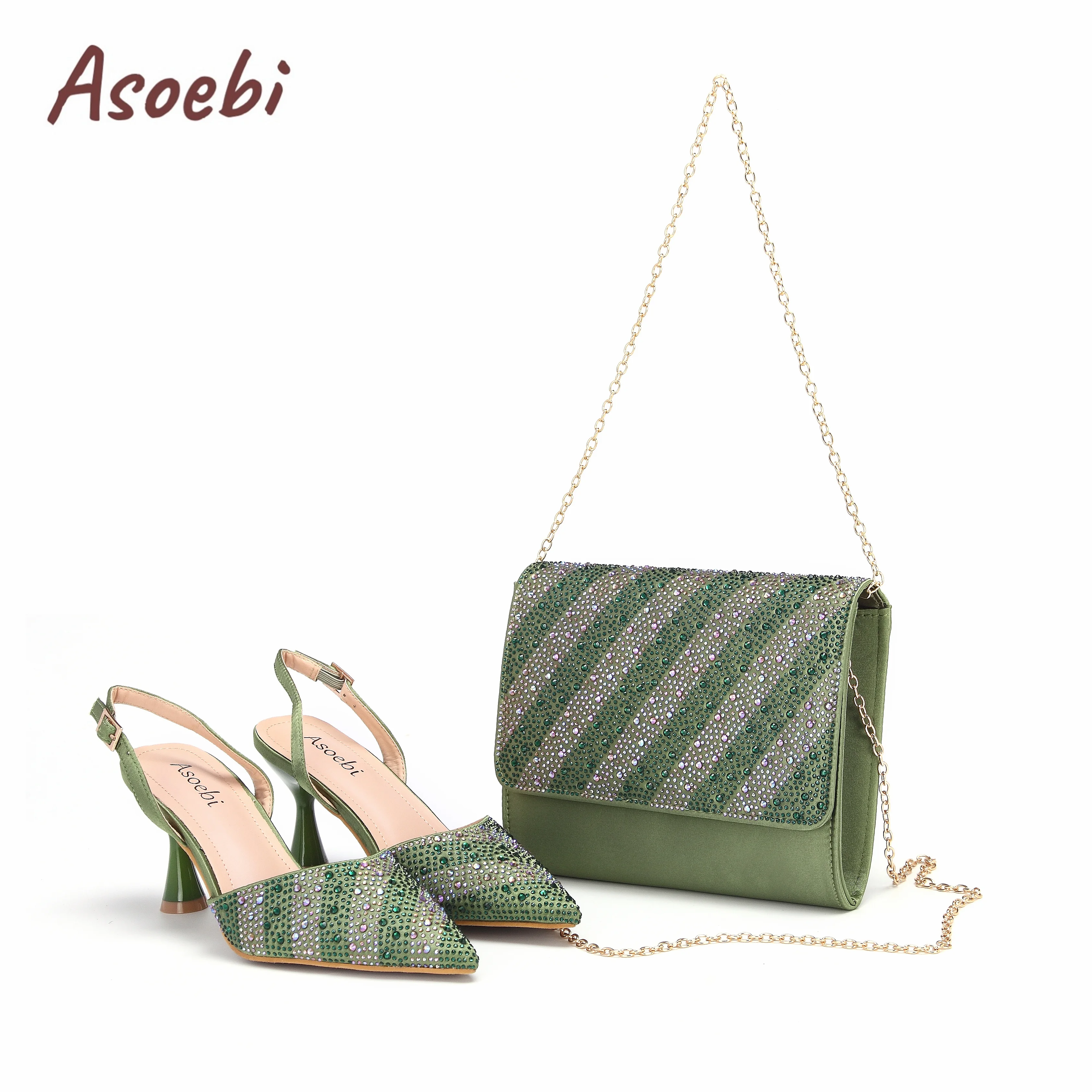 Hot Selling New Fashionable Olive Green Pointed Toe Shoes Matching Bag Set For Offices Ladies Party in Dress One