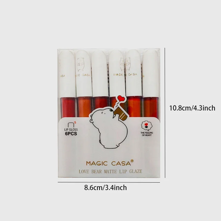 6pcs/Set Love Bear Velvet Matte Lipgloss Lip Tint Mud Nawilżający zestaw kosmetyków do ust zawiera pomadę do ust Lip Glaze Lip Stick & Lip Gloss