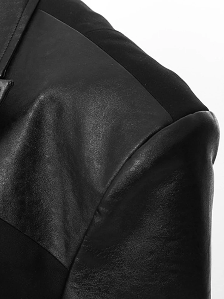 [EAM] Women Black Pu Leather Spliced Elegant Long Blazer New Lapel Long Sleeve Jacket Fashion Tide Spring Autumn 2024 1DH4168