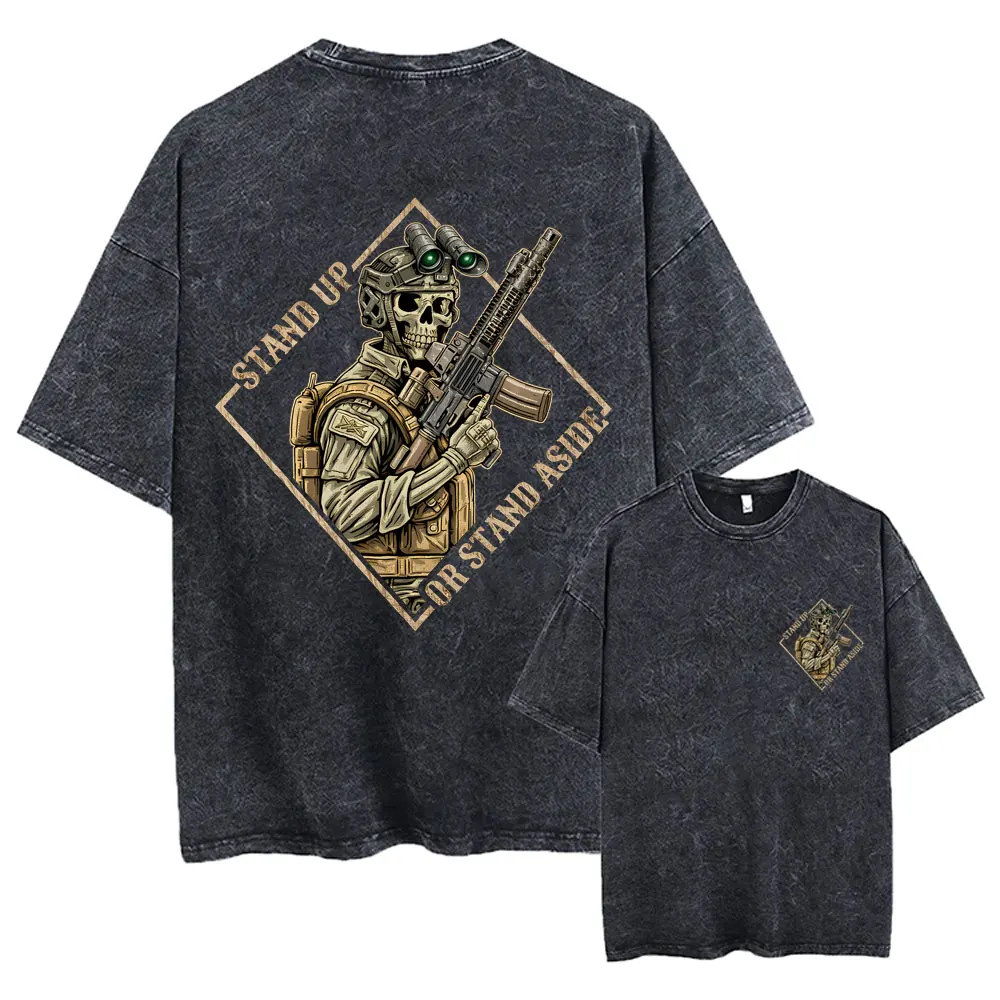 

Forward Observations Group Stand Up or Stand Aside Skeleton Vintage Washed T-shirt Men Women Military Tactical Warrior T Shirts