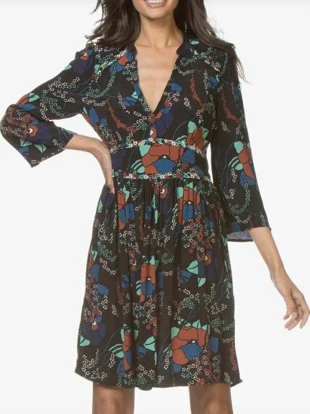 

Элегантное женское платье с цветочным принтом, весеннее, с завышенной талией, длинным рукавом, V-образным вырезом, А-силуэта, для офиса, модное, трендовое