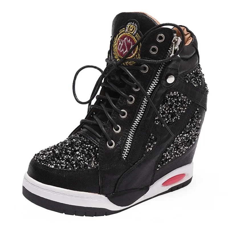 Scarpe da donna con punta a punta in vera pelle con paillettes Bling Lace Up Sneaker con zeppa nascosta scarpe con tacco a zeppa in oro con cerniera