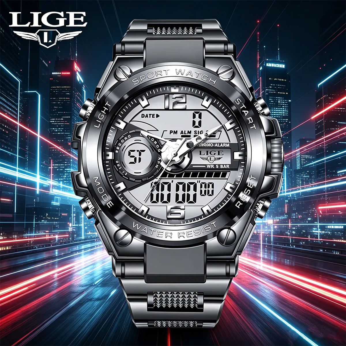 

LIGE Men Watches Auto Date Week Man Watch Fashion Luminous Mens Watch LED Digital Military Waterproof Wristwatches Reloj Hombre