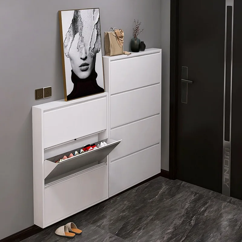 Nordic Minimalist Modern Ultra Thin Shoe Cabinet Entryway Large Capacity Metal Flip Drawer Shoe Shelf Shoe Shelves Muebles