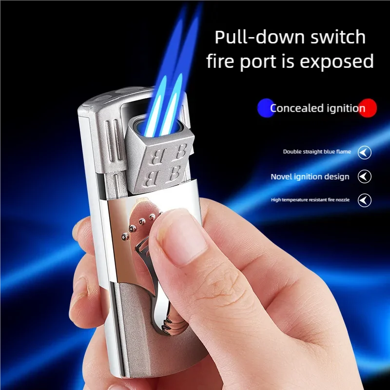 New windproof dual straight jet lighter with inflation and hidden innovative ignition port method, heat-resistant flamethrower,