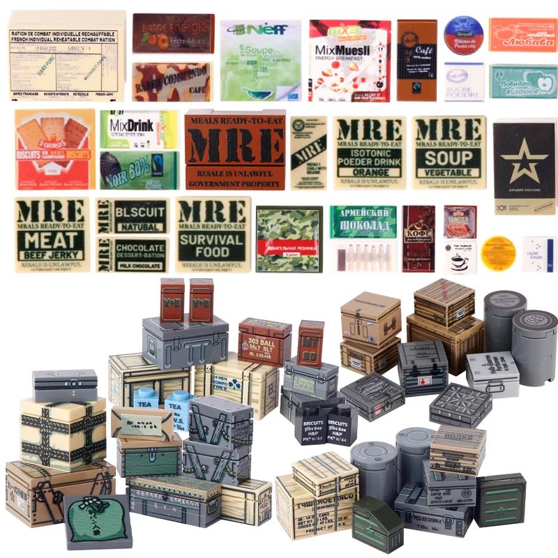 MOC Military Supplies Printed Parts Building Block Soldier Army Provisions German Soviet British Ammunition Box Mini Bricks Toys