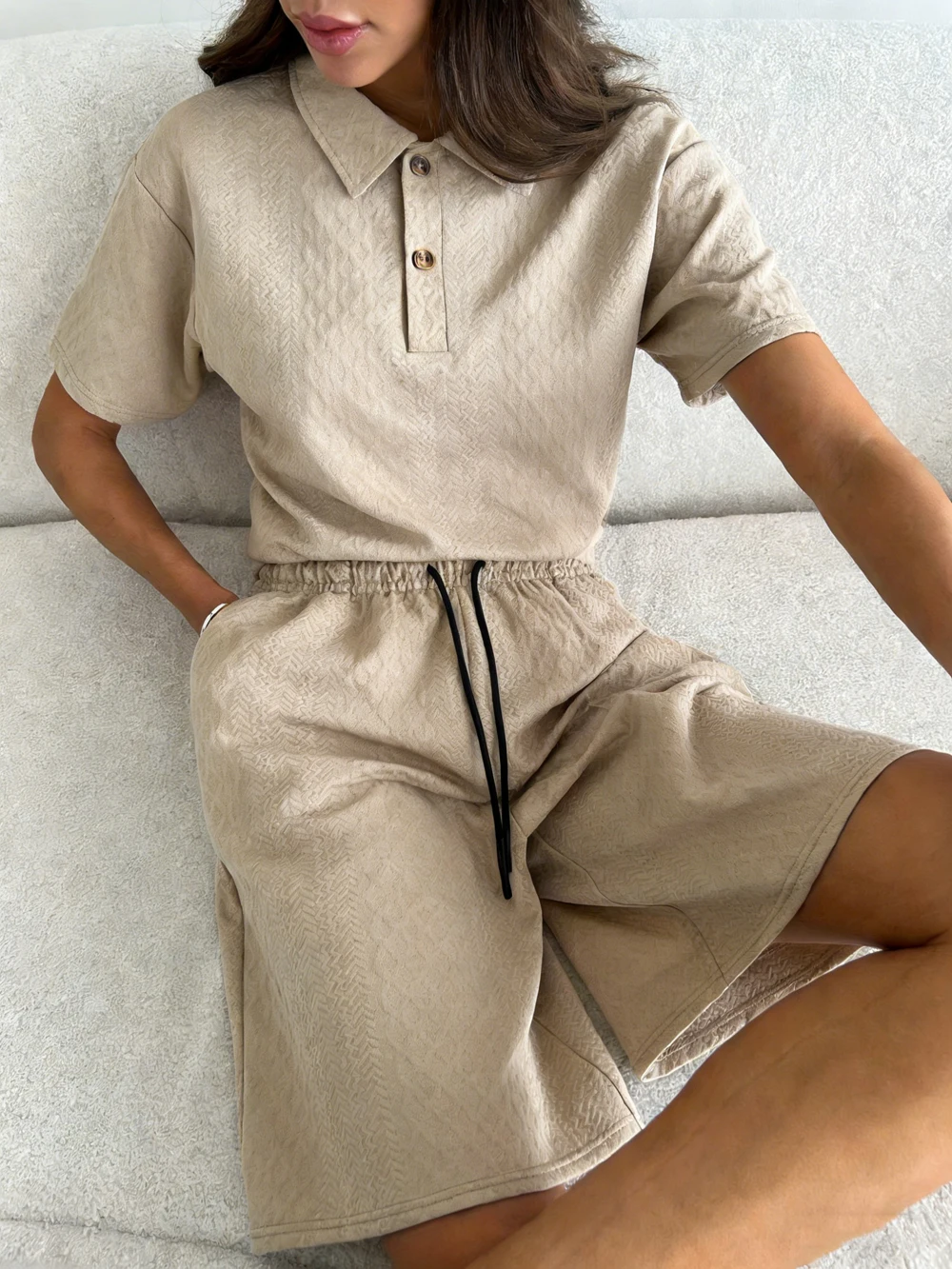 Street Solid Waffle Knit T-Shirts Shorts Damen Sommer Zweiteiler Sets Polo T-Shirt Oversize High-Waisted Drawstring Five Pants