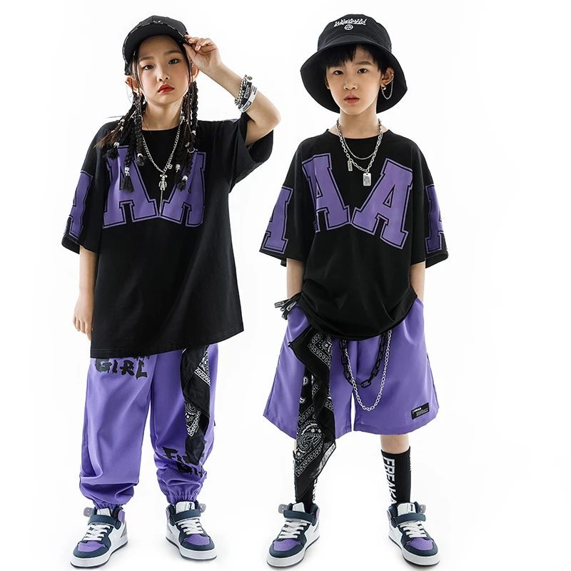 T-shirt a maniche corte allentata per ragazzi estivi pantaloni da jogging Costume da ballo Hip Hop bambini abbigliamento da spettacolo Jazz ragazze Rave Wear BL10489