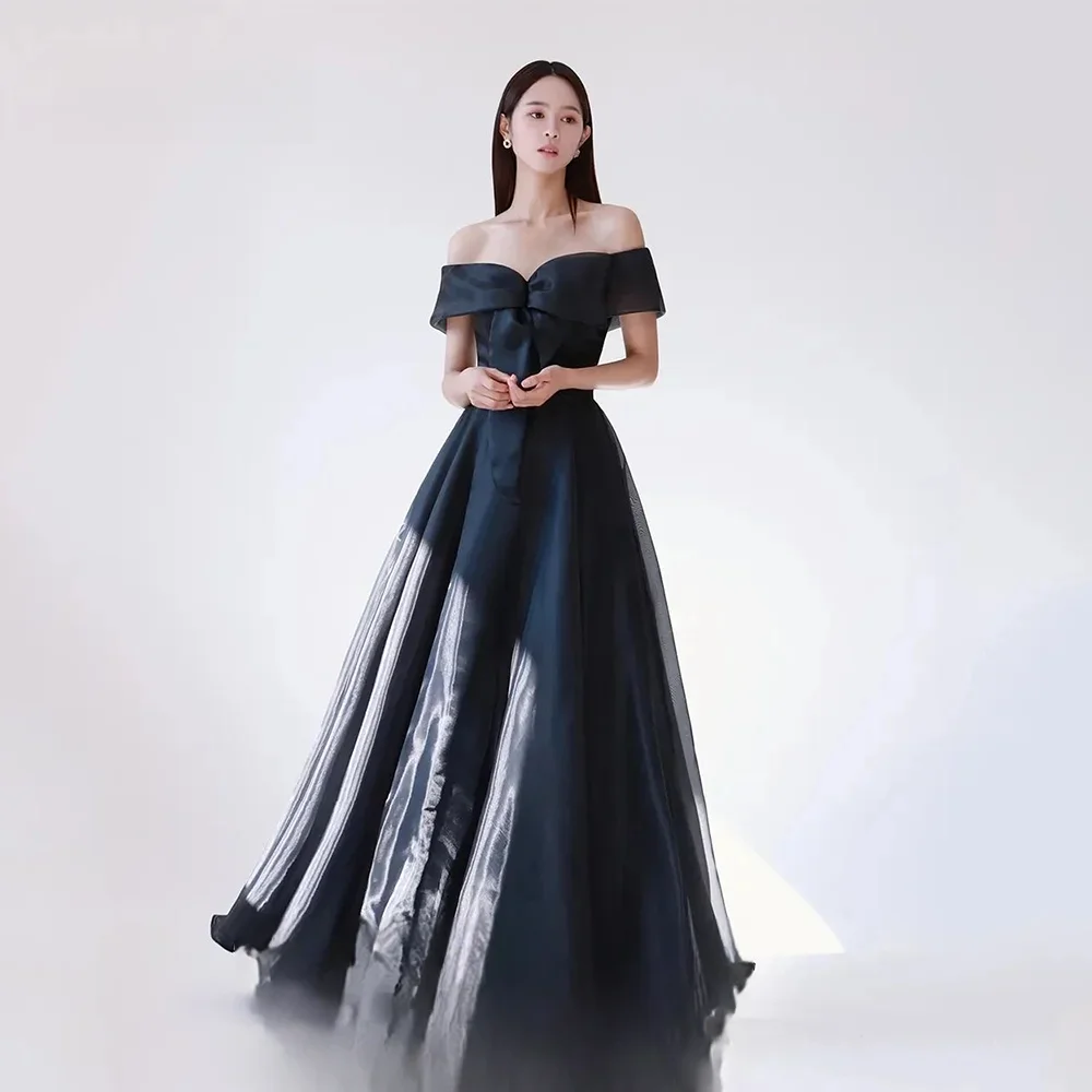 

Elegant Long Black Off the Shoulder Organza Prom Dresses Short Sleeves A Line Floor Length فساتين للمناسبات الرسمية