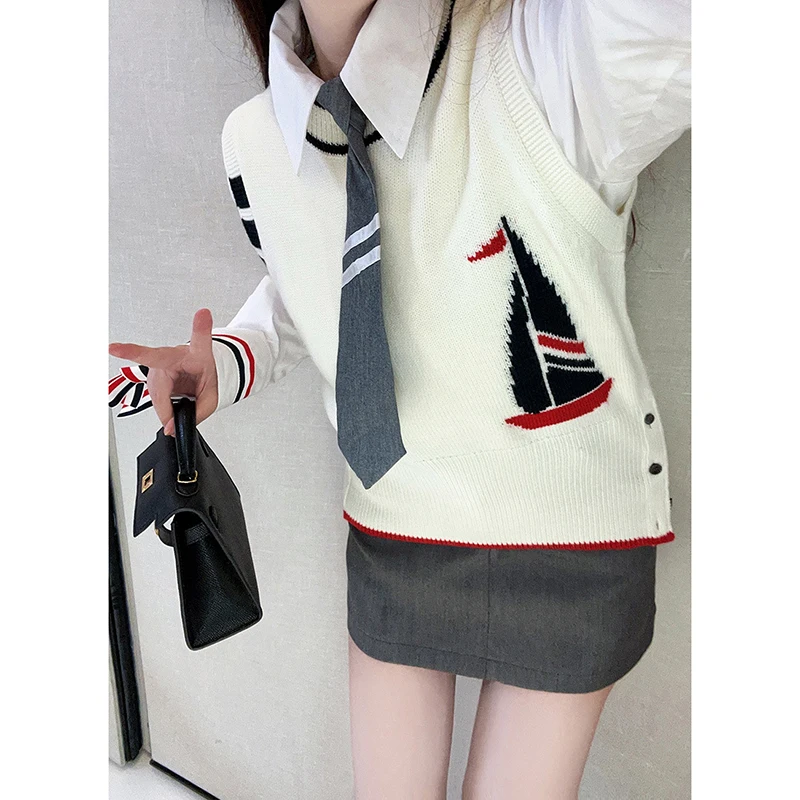 Harajuku Casual Stripe Slim Fit Preppy Style Sailboat Jacquard Knitted Vest Tops Loose Women's Sweater Simple Wool Pullover