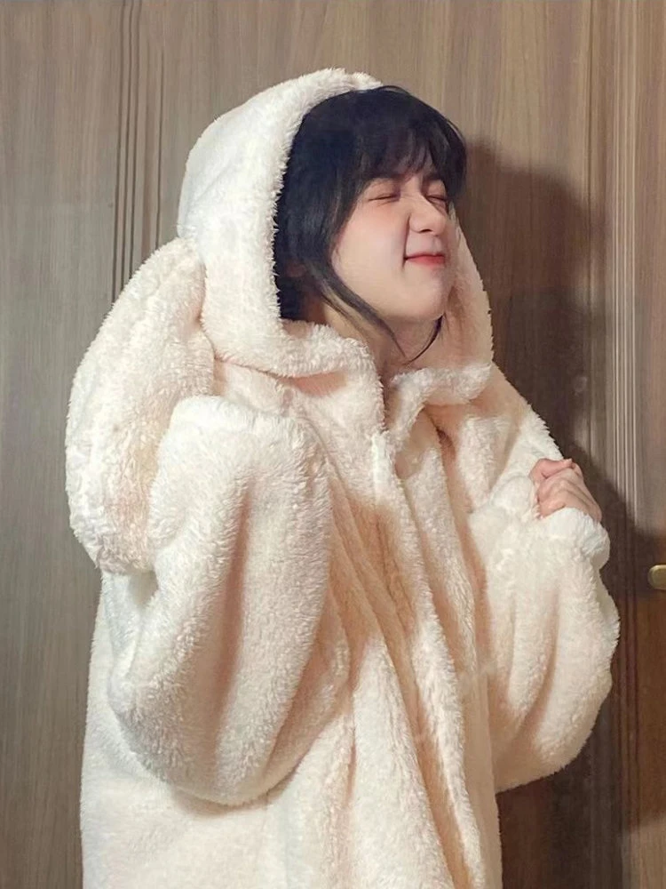 

Long Sleeve Dressing Gown Warm Korea Style Comfortable Robe for Female Rabbit Ears Women's Winter Cute Bathrobe Ladies Warm