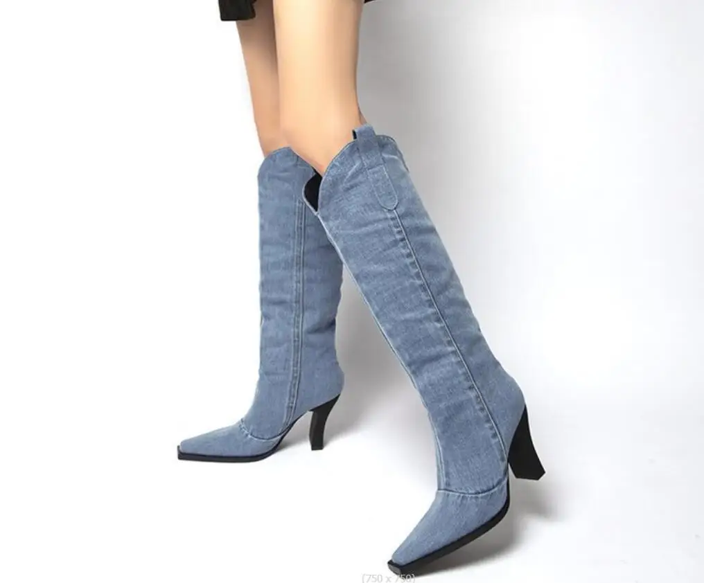 Dedo apontado Joelho botas altas para mulheres, sapatos de camurça, longo, salto azul, tamanho grande, senhoras, vaqueiro ocidental, alta qualidade, inverno, novo