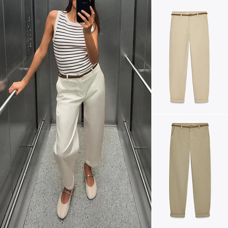 

Весенние женские повседневные прямые брюки с тканым поясом, разноцветные варианты, длинные брюки для поездок на работу, полиэфирное волокно 00%