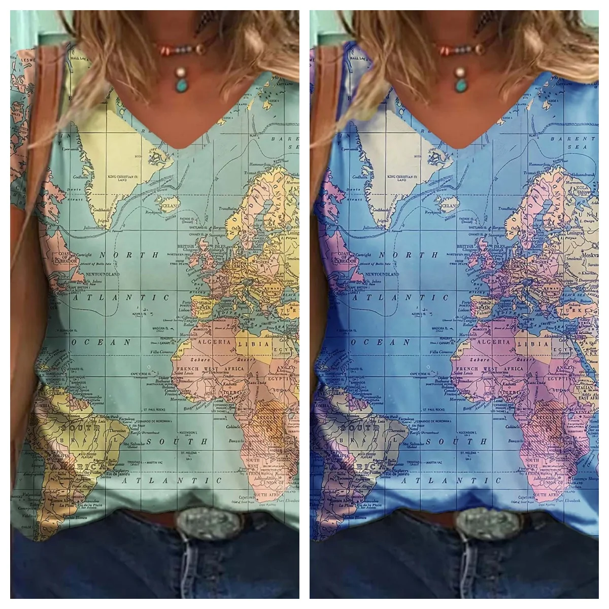 

Women's T Shirt Map 3d Print Women Fashion V-Neck Short Sleeve Tops Loose Tshirt Luxury Casual